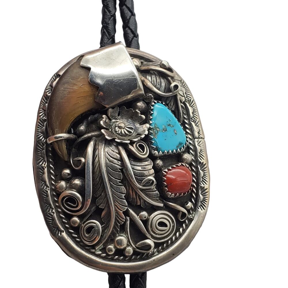 Navajo Sterling Silver Bolo Tie Turquoise Coral Native American Verdy Jake SW - Picture 6 of 13